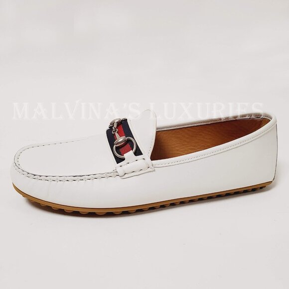 GUCCI SHOES MENS DRIVER MOCCASINS HORSEBIT WEB WHITE LEATHER sz 8.5G 9 - Picture 6 of 16